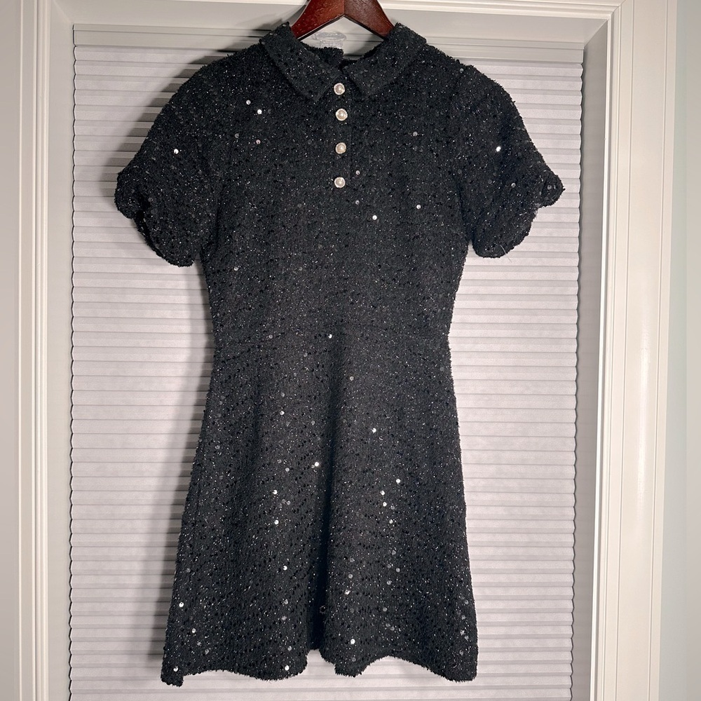 Black sequin mini dress with collar and buttons